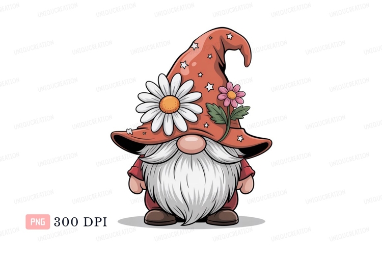 Gnome with daisy and pink flower orange
