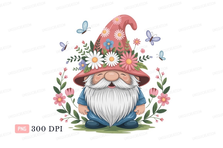 Cheerful gnome adorned with flowers and butterflies