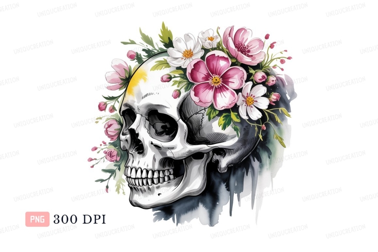 Skull adorned with pink and white blossoms flowers