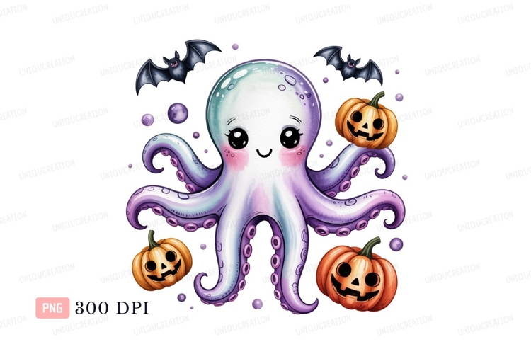 Cute octopus with pumpkins and bats halloween