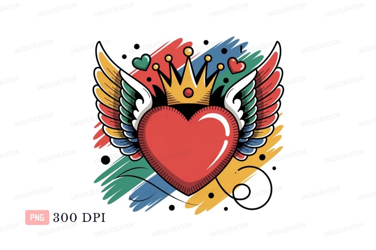 Red heart crown wings colorful strokes yellow