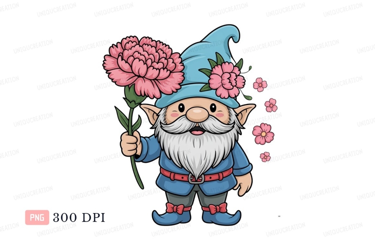 Blue hat gnome holding pink flower cartoon