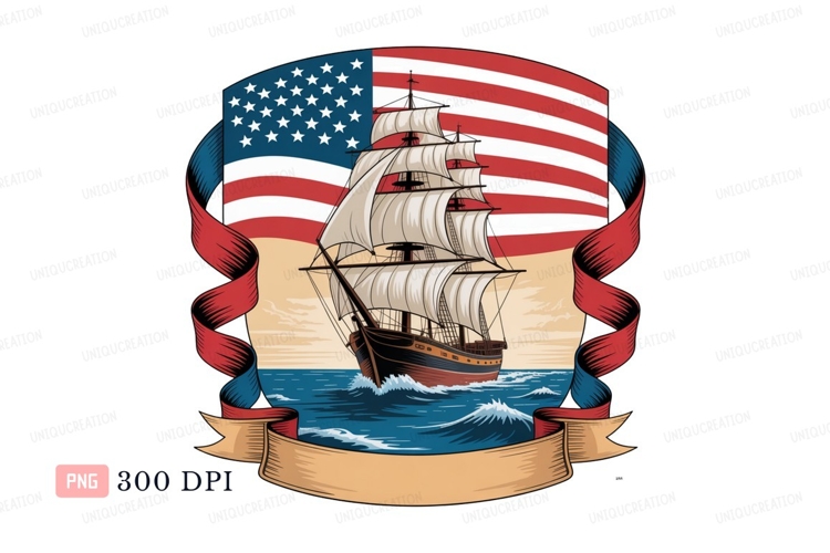 Tall ship sailing ocean waves under american flag image