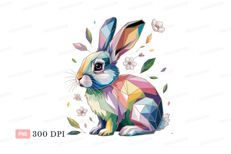 Geometric rabbit with flowers colorful leaves