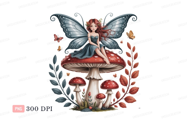 Enchanted fairy sits on mushroom butterfly wings