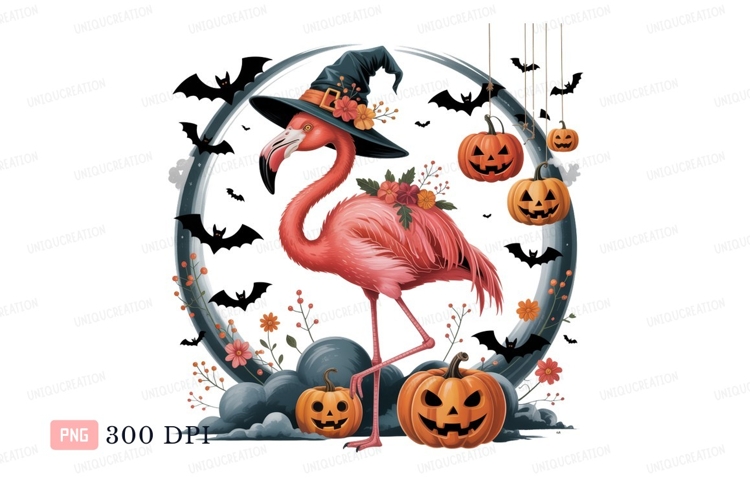 Pink flamingo witch hat pumpkins image