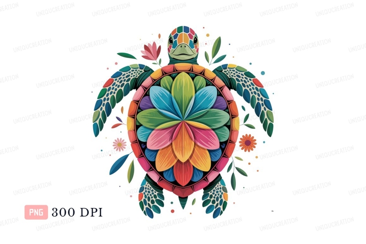 Colorful sea turtle floral art ocean flower