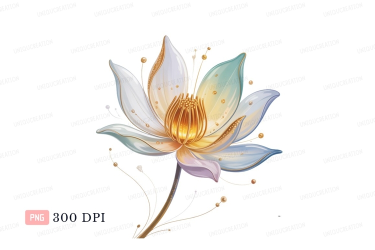 Golden lotus flower with delicate petals white blue