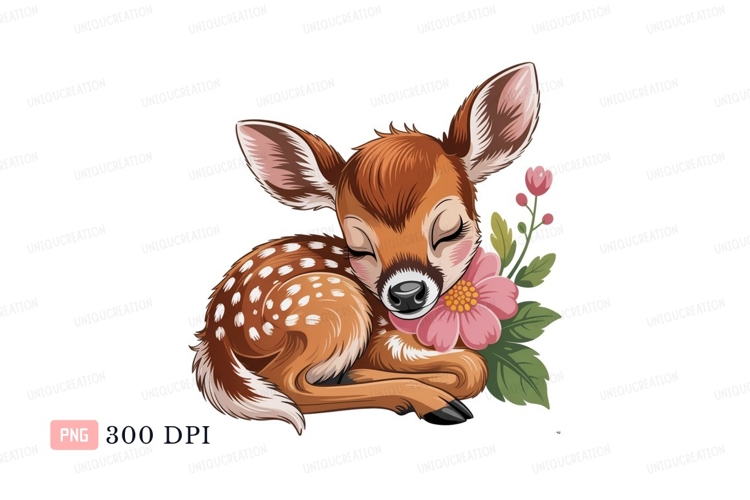 Sleeping fawn with pink flower deer