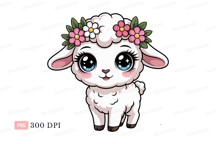 Cute fluffy lamb with flowers sheep animal