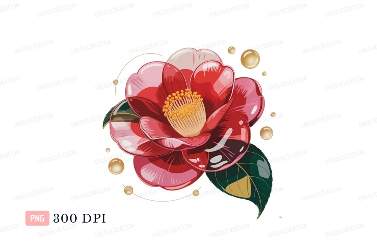 Red camellia flower with golden accents pink yellow
