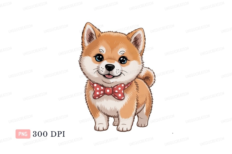 Fluffy Shiba Inu puppy wearing red polka dot bow tie
