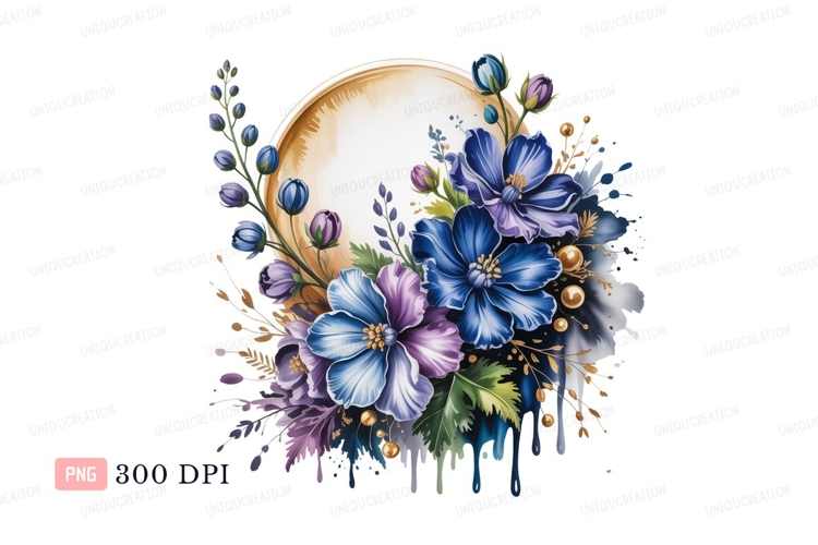Blue purple floral wreath golden circle image