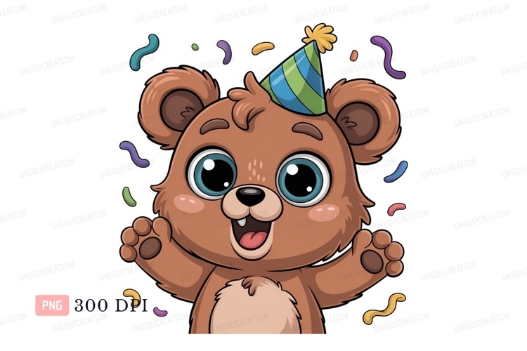 Happy bear wearing party hat confetti celebration