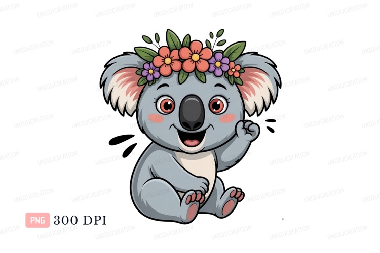 Cute koala wearing flower crown waving animal cartoon