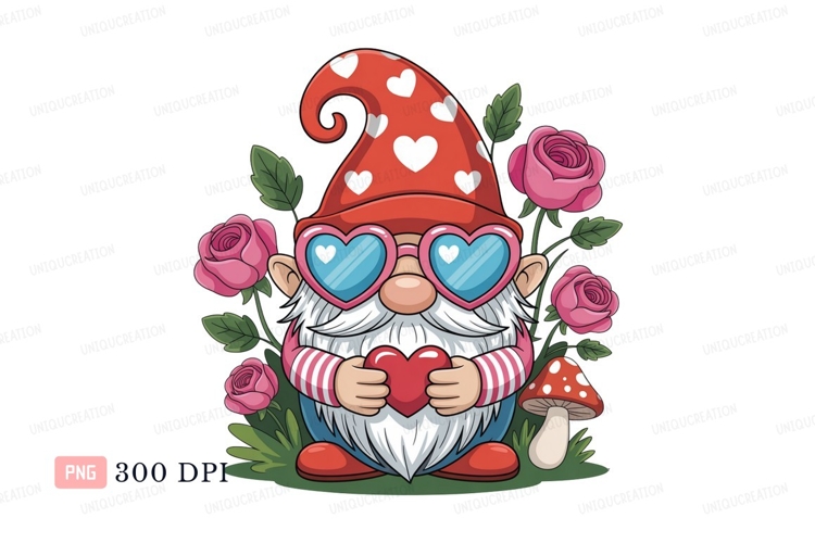 Gnome holding heart surrounded by roses love valentine