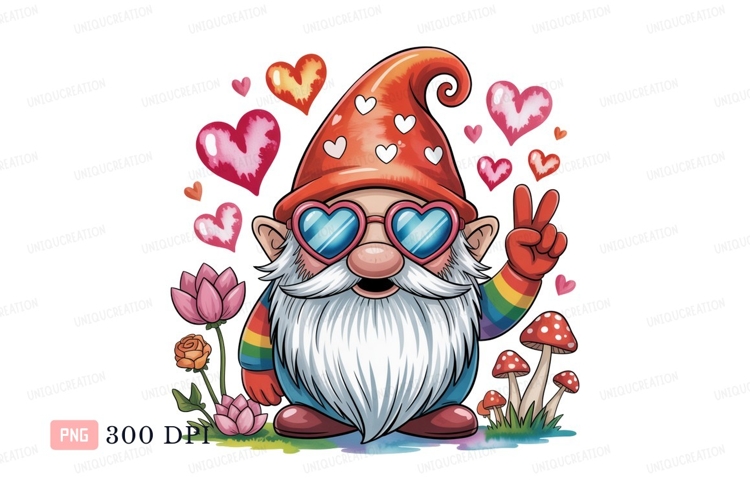 Cheerful gnome with heart glasses and rainbow arm peace