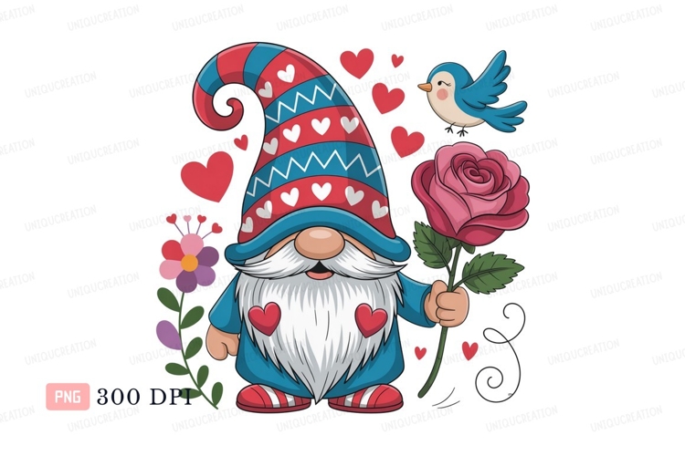 Gnome holding pink rose with bird and hearts flower