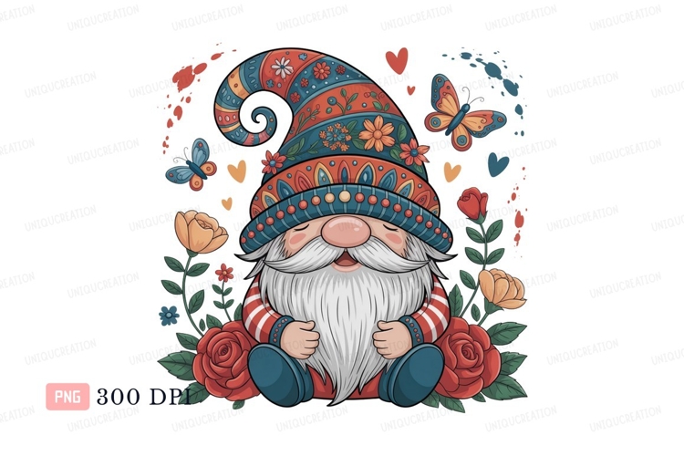 Gnome With Flowers Butterflies Hearts image