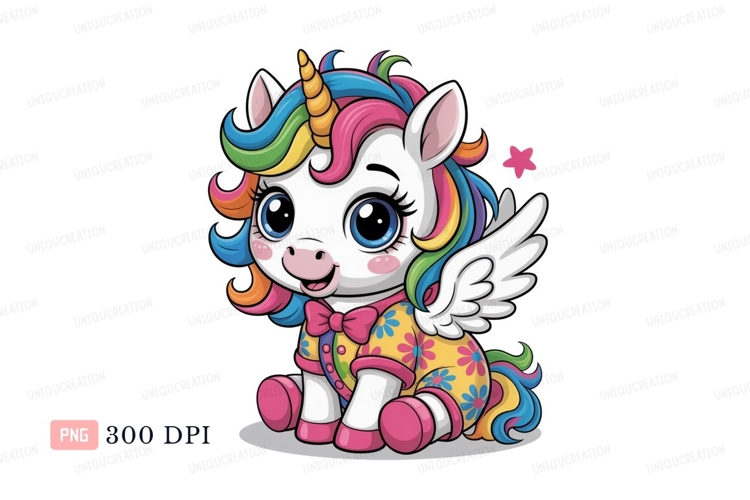 Cute winged unicorn with rainbow mane wings fantasy