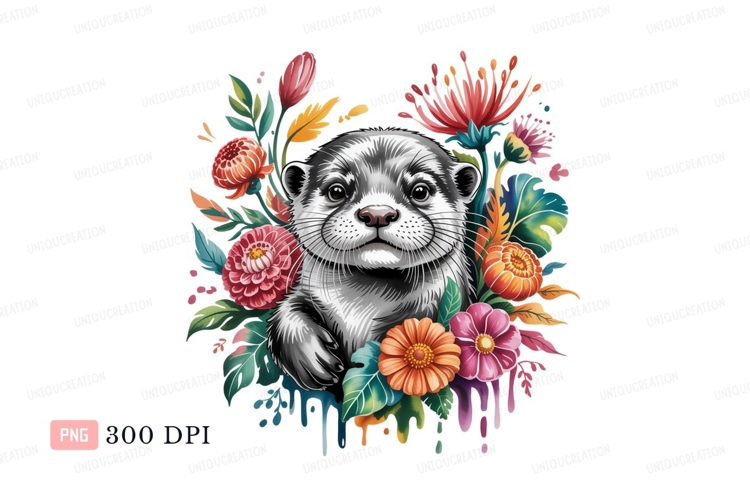 Whimsical Otter Surrounded by Vibrant Flowers animal example image 1
