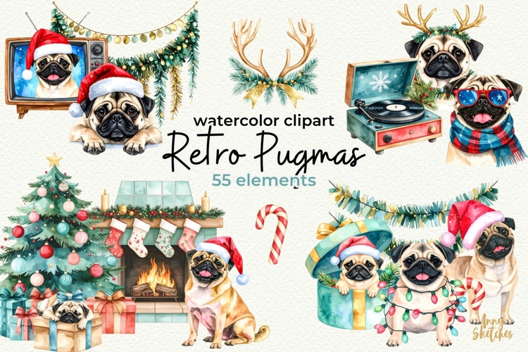 Retro Pugmas Dog Christmas Watercolor Clipart