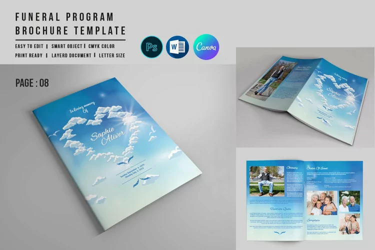 8 Page Funeral Booklet Template, Ms word, Canva & Photoshop