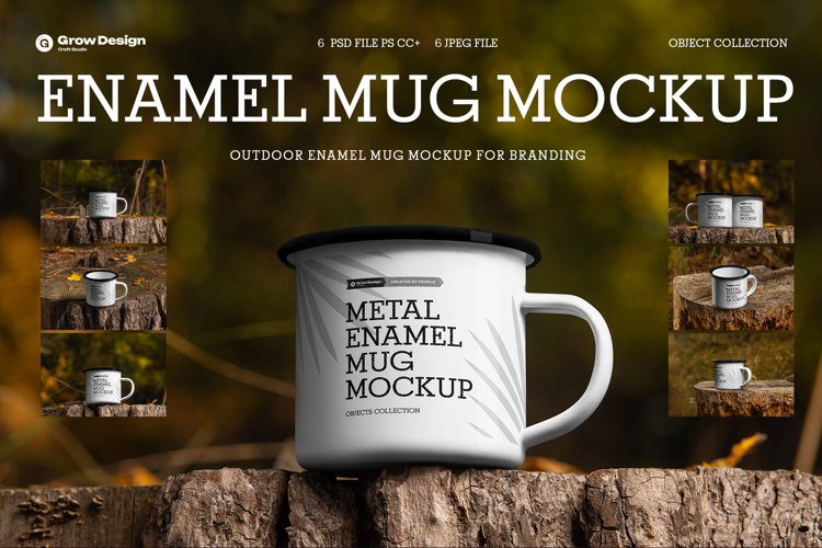 6 Enamel Mug Mockup. Rustic Outdoor Coffee Cup Branding