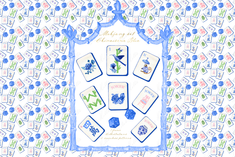 Mahjong Chinoiserie Watercolor Clipart: Hand Painted Tiles