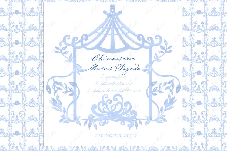 Chinoiserie Mums Pagoda Blue Toile. DIY Digital paper example image 1
