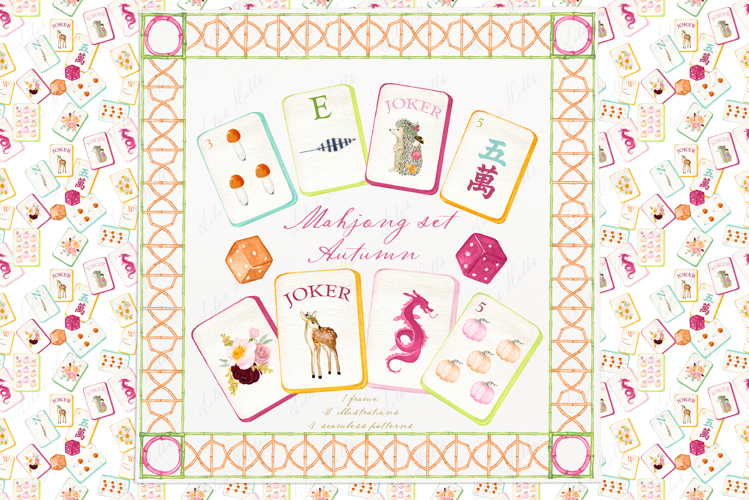 Autumn Mahjong Watercolor Clipart: Hand Painted Tiles