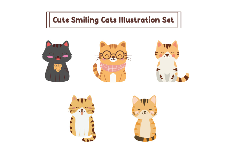 5 Cute Smiling Cats Illustration Set