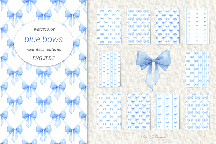 Coquette bow Digital paper Blue bows Seamless Patterns