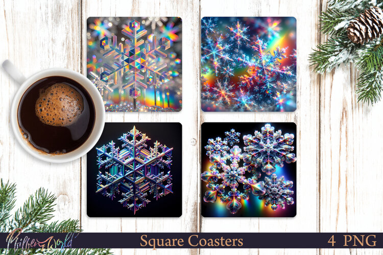 Holographic Square Coasters | Winter Snowflakes example image 1