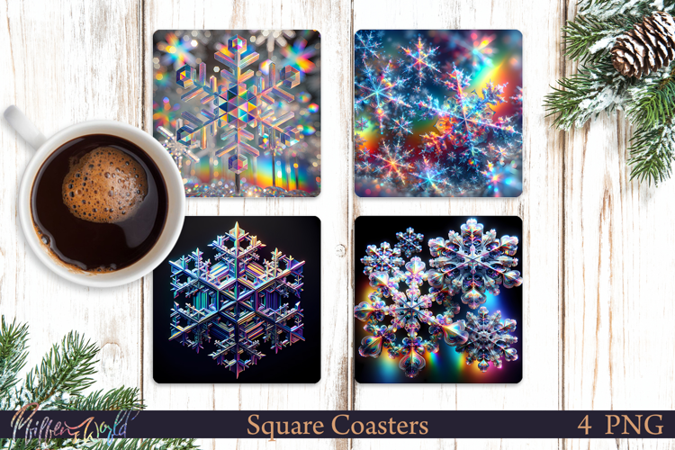 Holographic Square Coasters | Winter Snowflakes