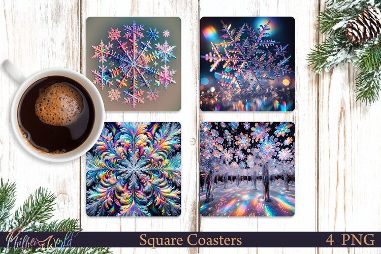Holographic Square Coasters | Winter Snowflakes | Sparkling example image 1