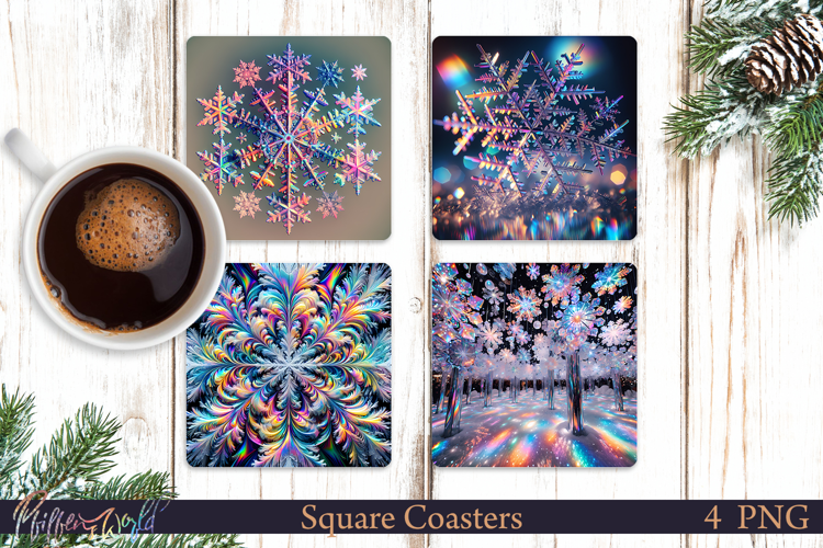 Holographic Square Coasters | Winter Snowflakes | Sparkling