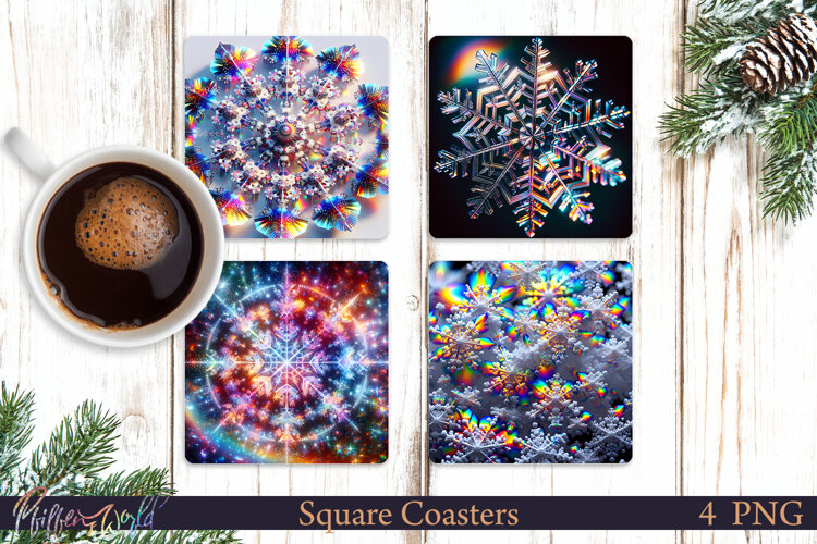Holographic Square Coasters | Winter Snowflakes | Magic example image 1