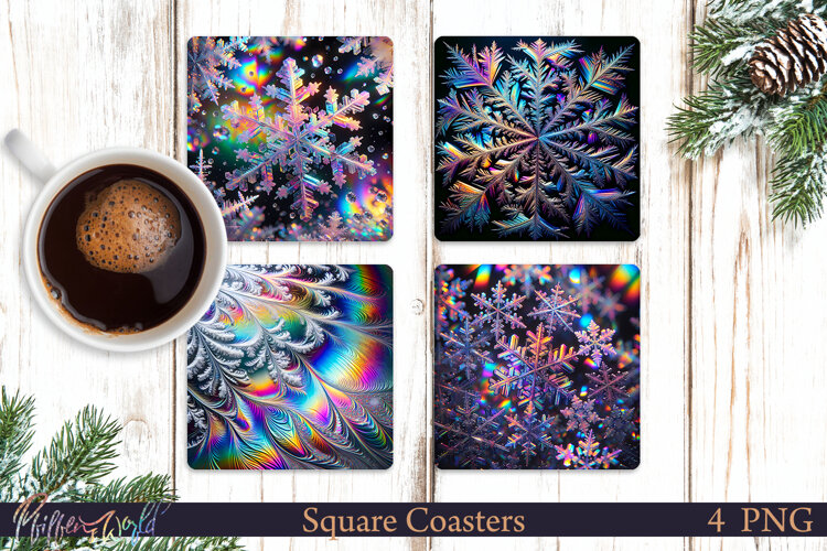 Holographic Square Coasters | Winter Snowflakes | Holiday example image 1