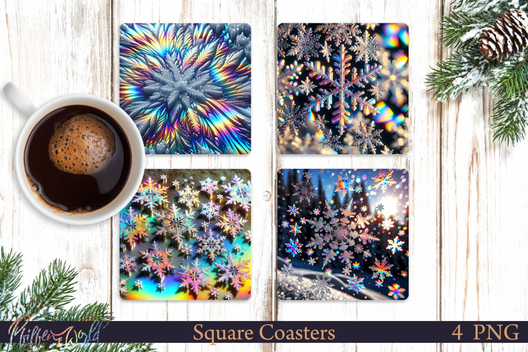 Holographic Square Coasters | Snowflakes | Sparkling winter