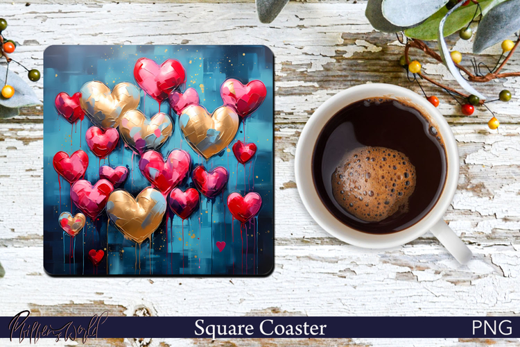 Love Square Coaster | heart balloons | Oil Paints