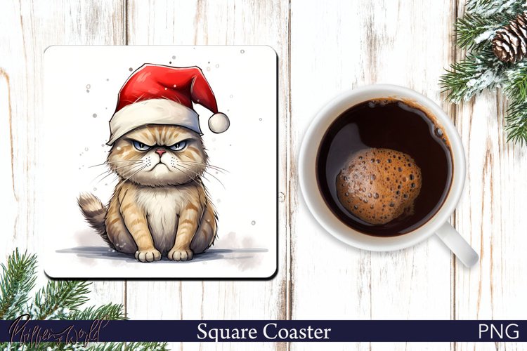 Christmas Square Coaster | Cute Angry Kitty