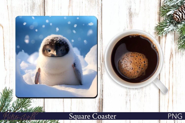 Fluffy Penguin in Snow Coaster PNG | Adorable Winter Animal example image 1