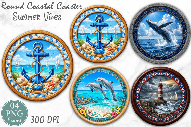 Coastal Beach Coaster Sublimation, Round Ocean Anchor PNG
