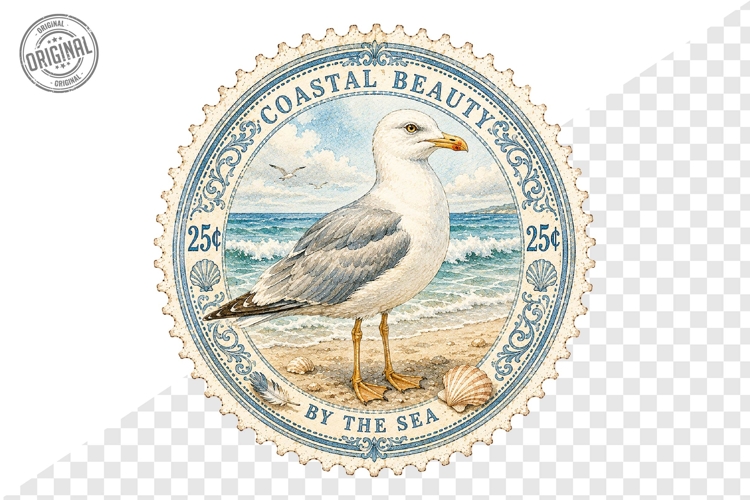 Coastal Beauty Seagull Beach Postage Stamp PNG Art