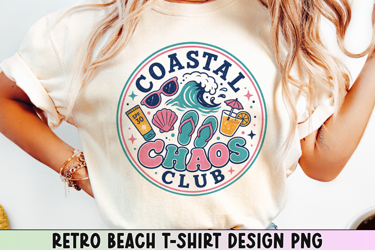 Retro Beach T Shirt Design, Distressed Coastal Sublimation.