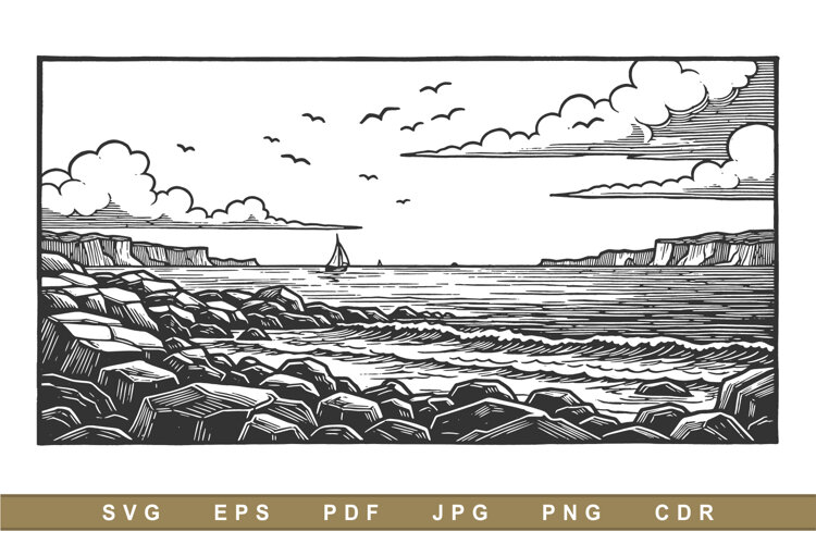 Coastal cliffs meet rocky shores under cloudy skies example image 1
