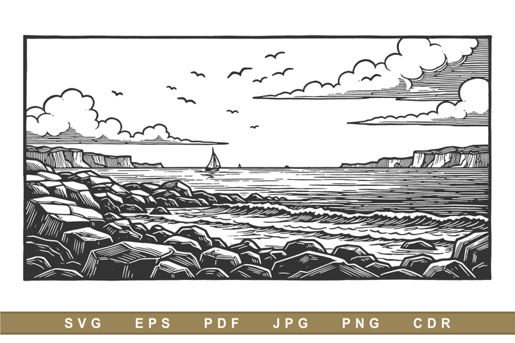 Coastal cliffs meet rocky shores under cloudy skies