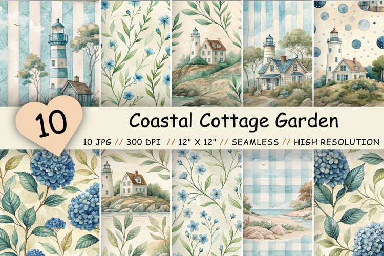 Coastal Cottage Garden Digital Paper, Seamless Watercolor