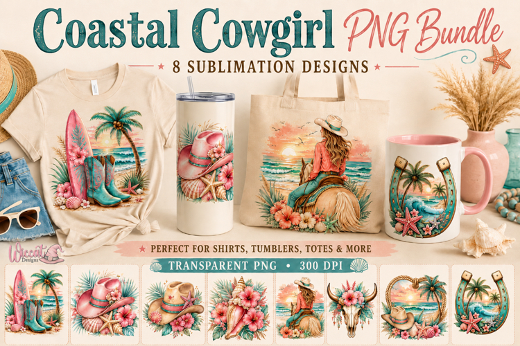 Coastal Cowgirl PNG Sublimation Bundle, Beach Western Cowgir